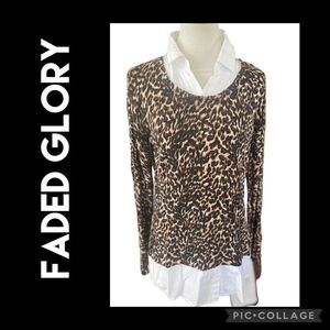 Faded Glory Animal Print Full Collar Lightweight Long Sleeve Blouse Size Large-E
